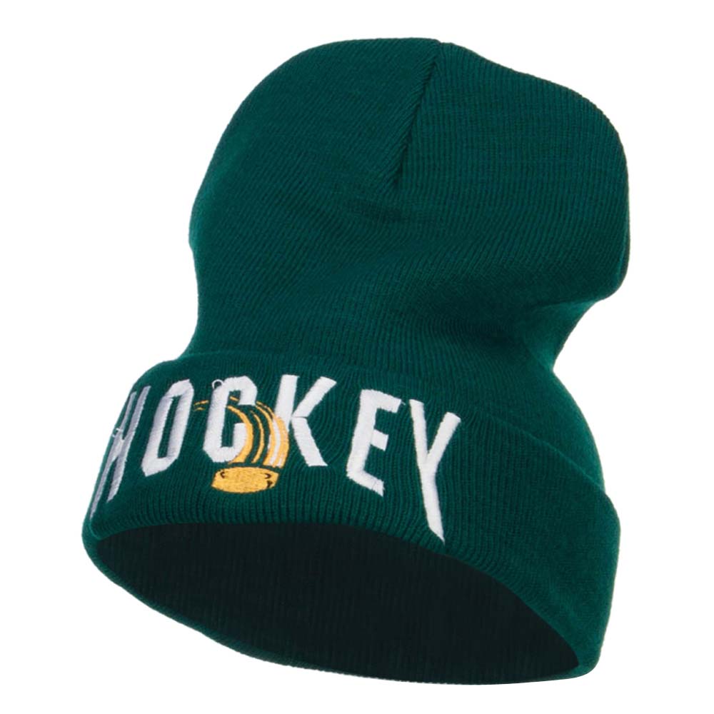Hockey with Puck Embroidered Long Beanie - Dk Green OSFM