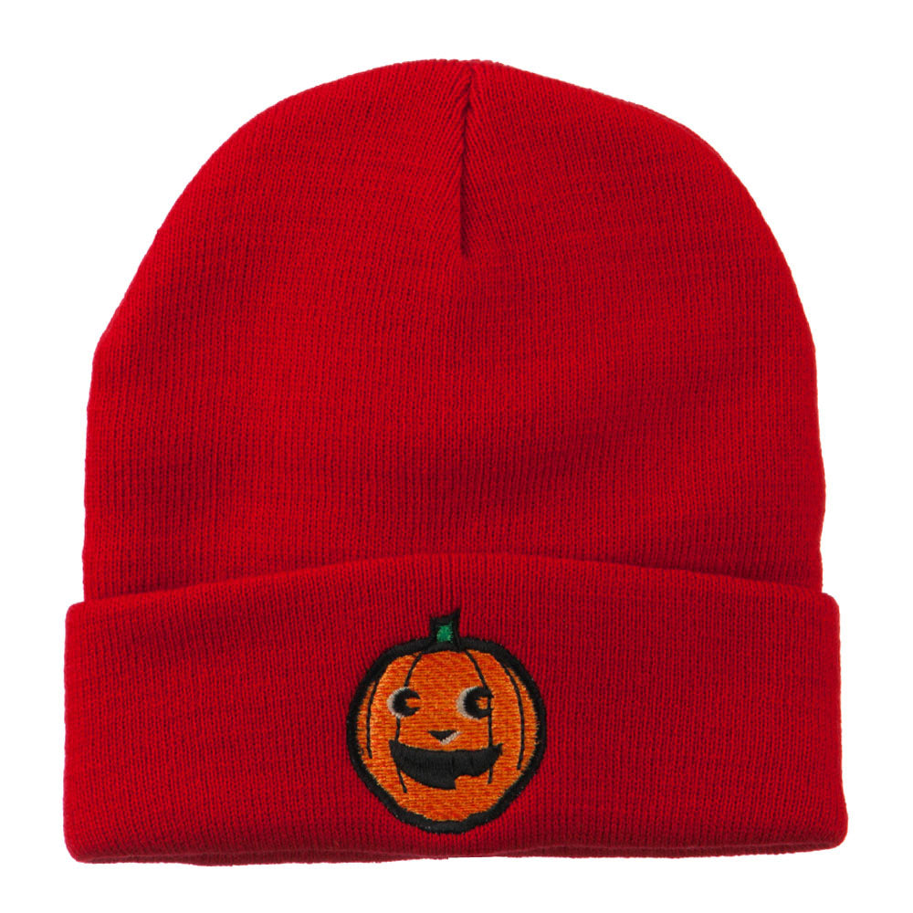 Halloween Happy Pumpkin Face Embroidered Long Beanie - Red OSFM