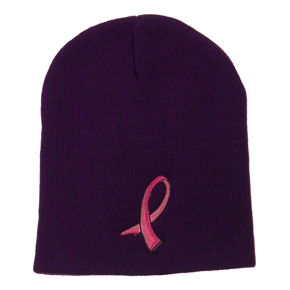 Hot Pink Ribbon Breast Cancer Embroidered Short Beanie - Purple OSFM