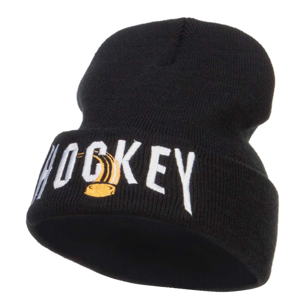 Hockey with Puck Embroidered Long Beanie - Black OSFM