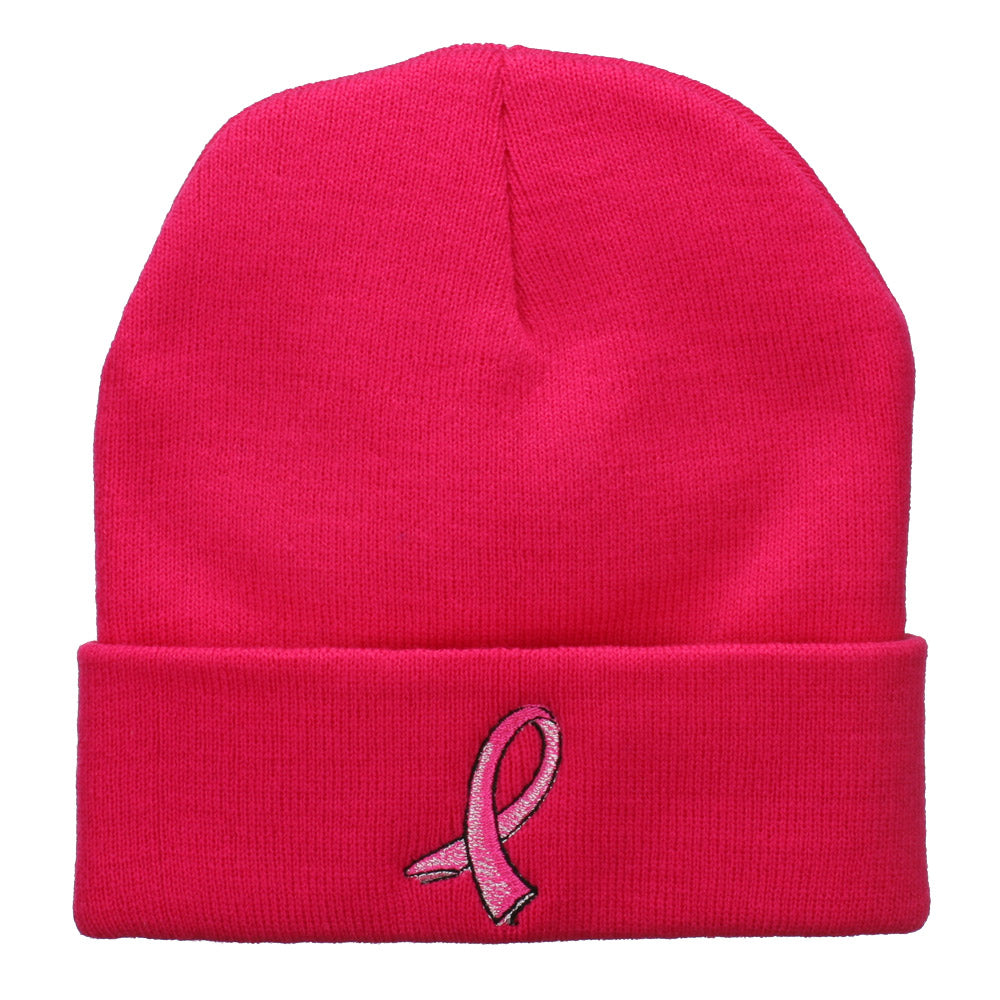 Hot Pink Breast Cancer Logo Embroidered Long Beanie - Hot Pink OSFM