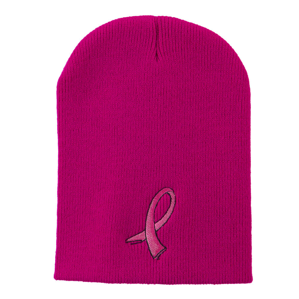 Hot Pink Ribbon Breast Cancer Embroidered Short Beanie - Hot Pink OSFM