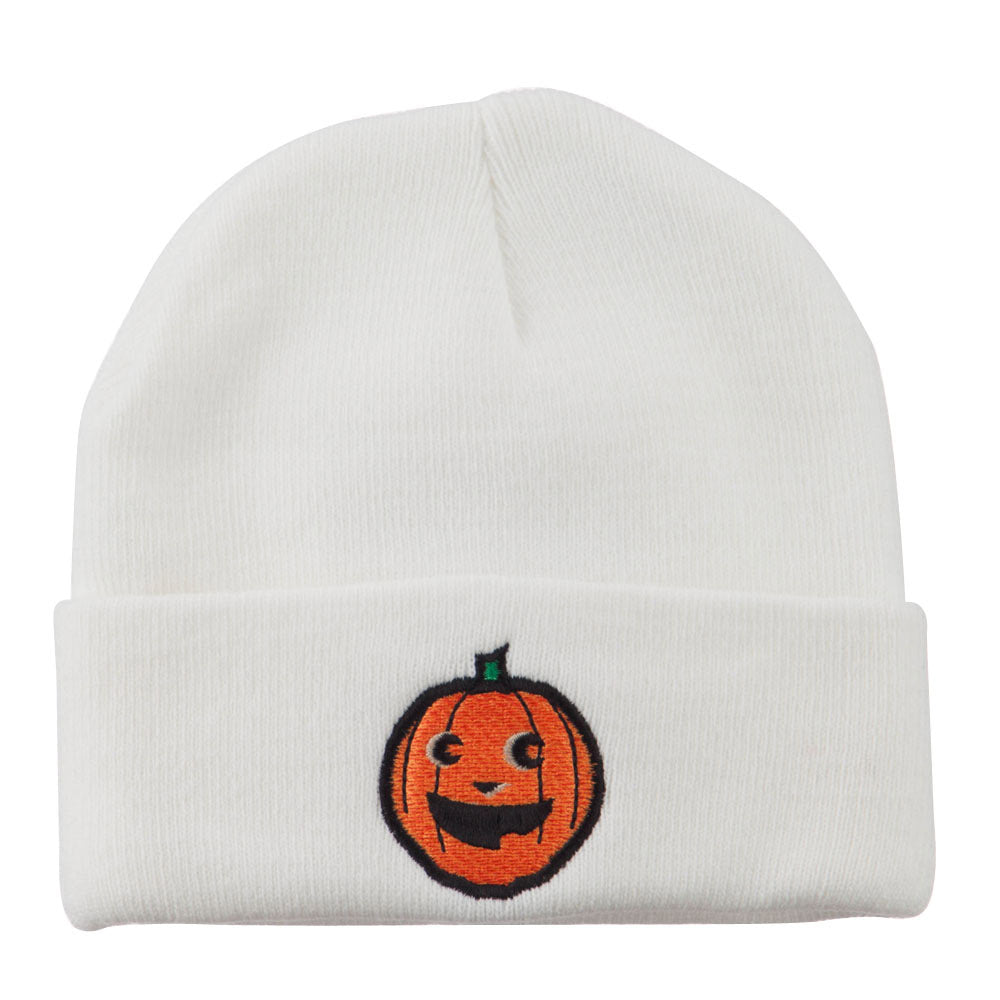 Halloween Happy Pumpkin Face Embroidered Long Beanie - White OSFM