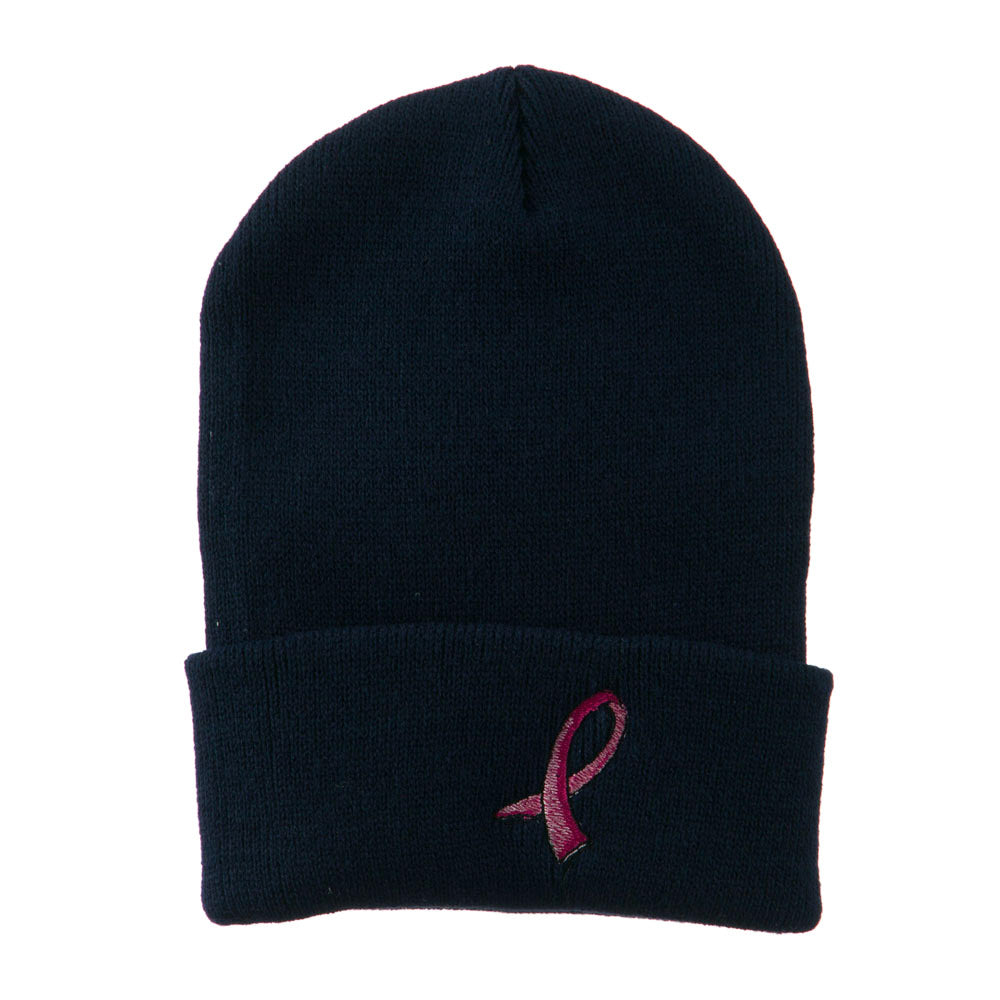 Hot Pink Breast Cancer Logo Embroidered Long Beanie - Navy OSFM