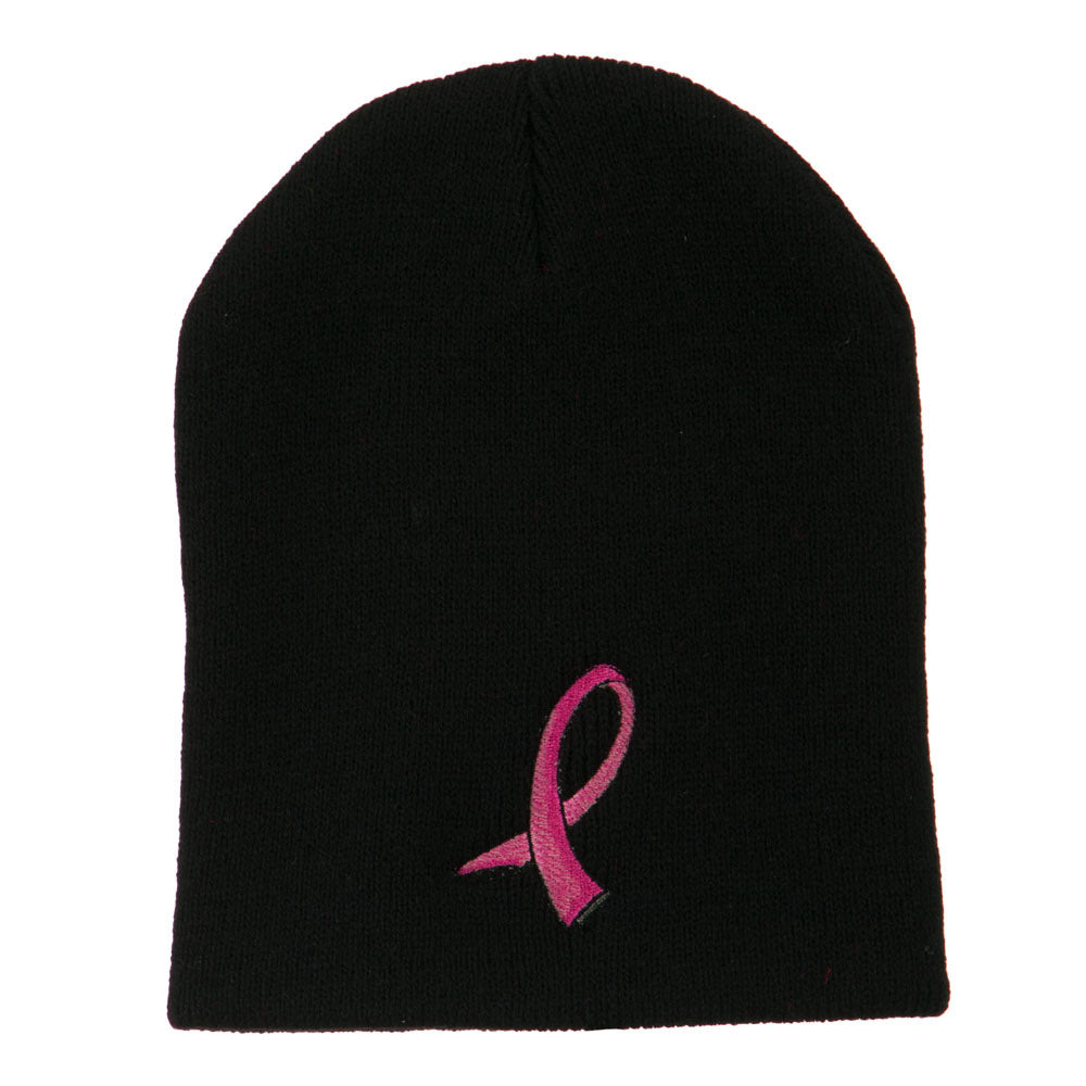 Hot Pink Ribbon Breast Cancer Embroidered Short Beanie - Black OSFM