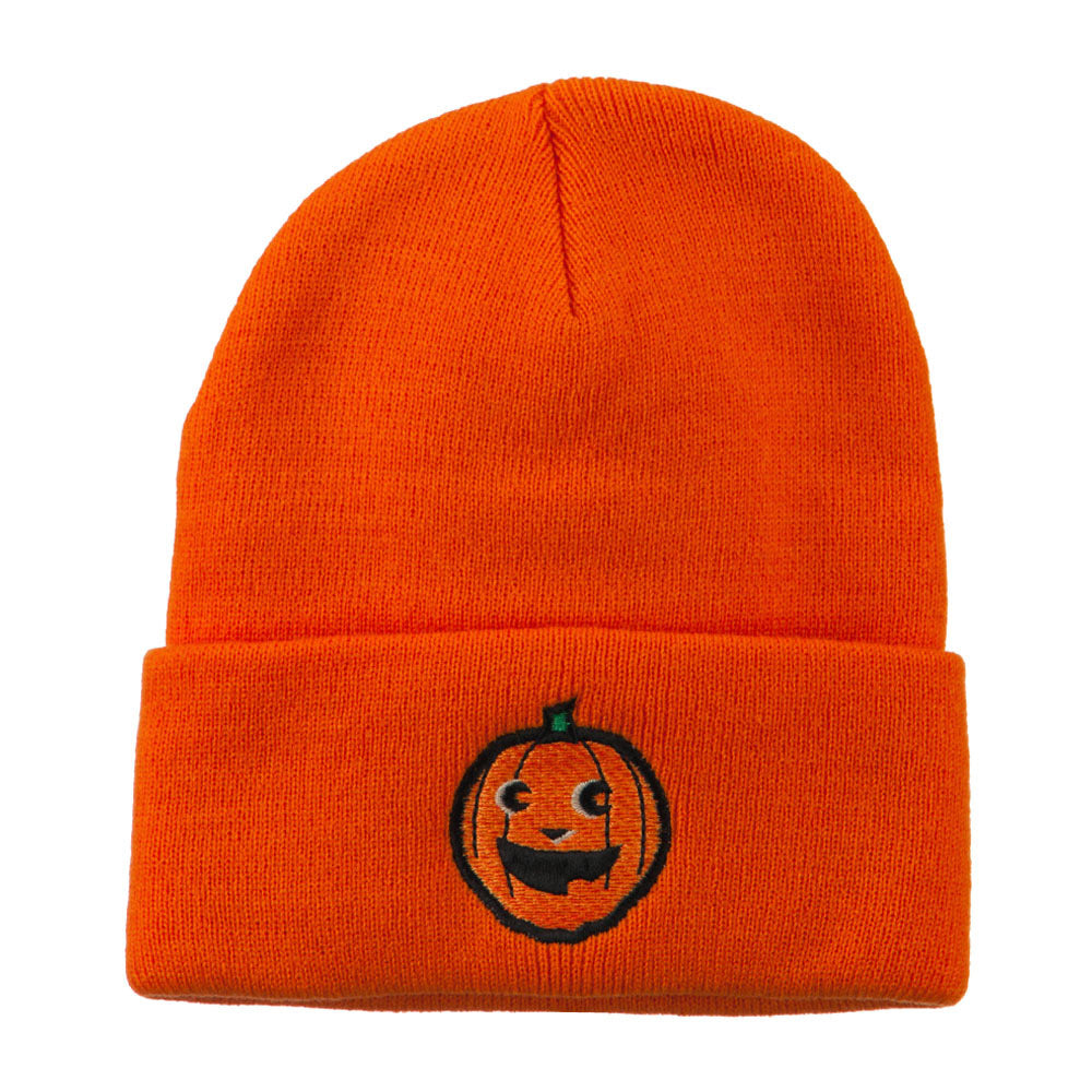 Halloween Happy Pumpkin Face Embroidered Long Beanie - Orange OSFM