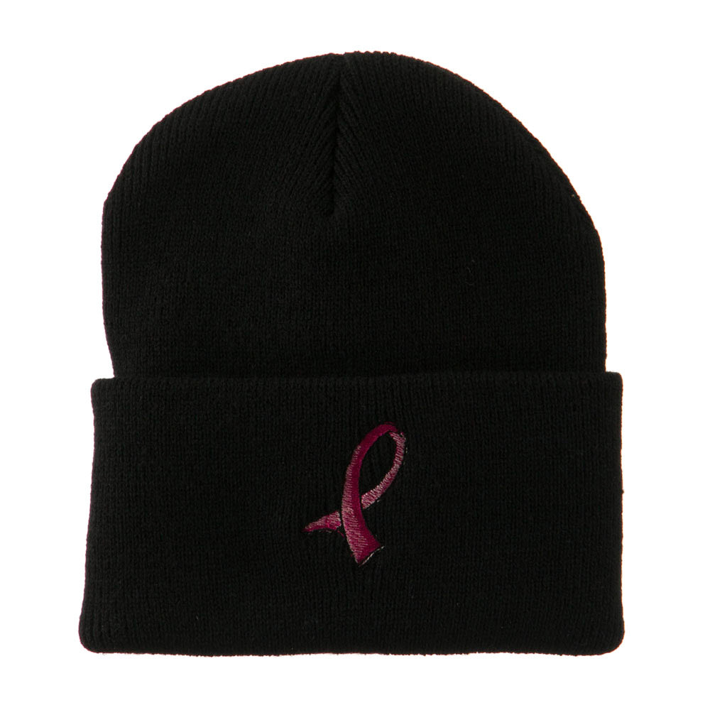 Hot Pink Breast Cancer Logo Embroidered Long Beanie - Black OSFM