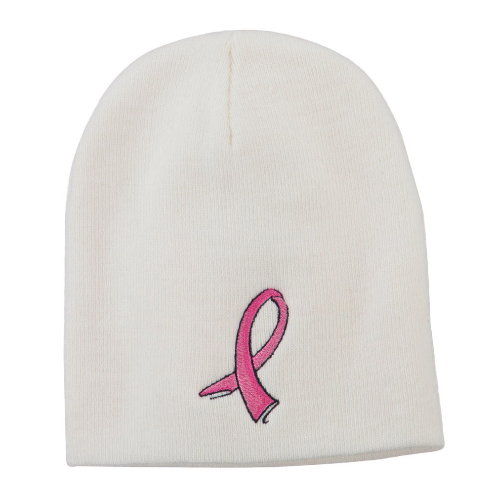 Hot Pink Ribbon Breast Cancer Embroidered Short Beanie - White OSFM