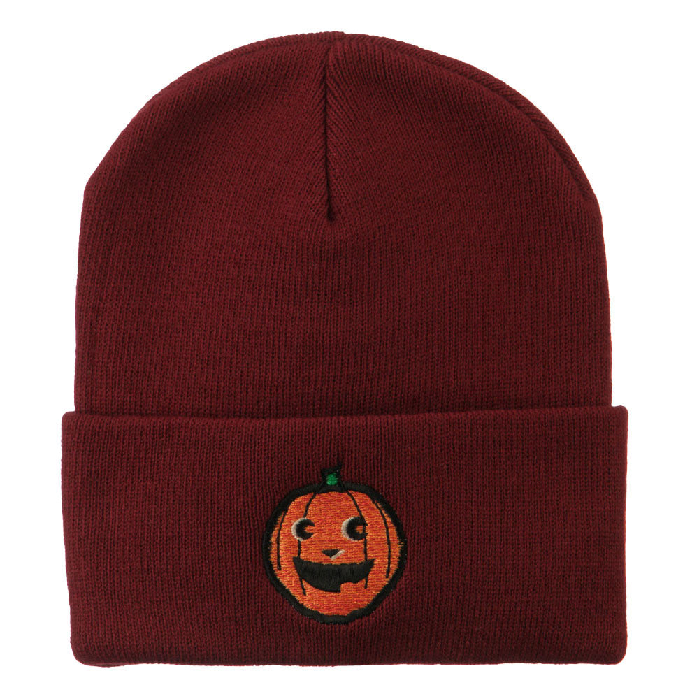 Halloween Happy Pumpkin Face Embroidered Long Beanie - Maroon OSFM