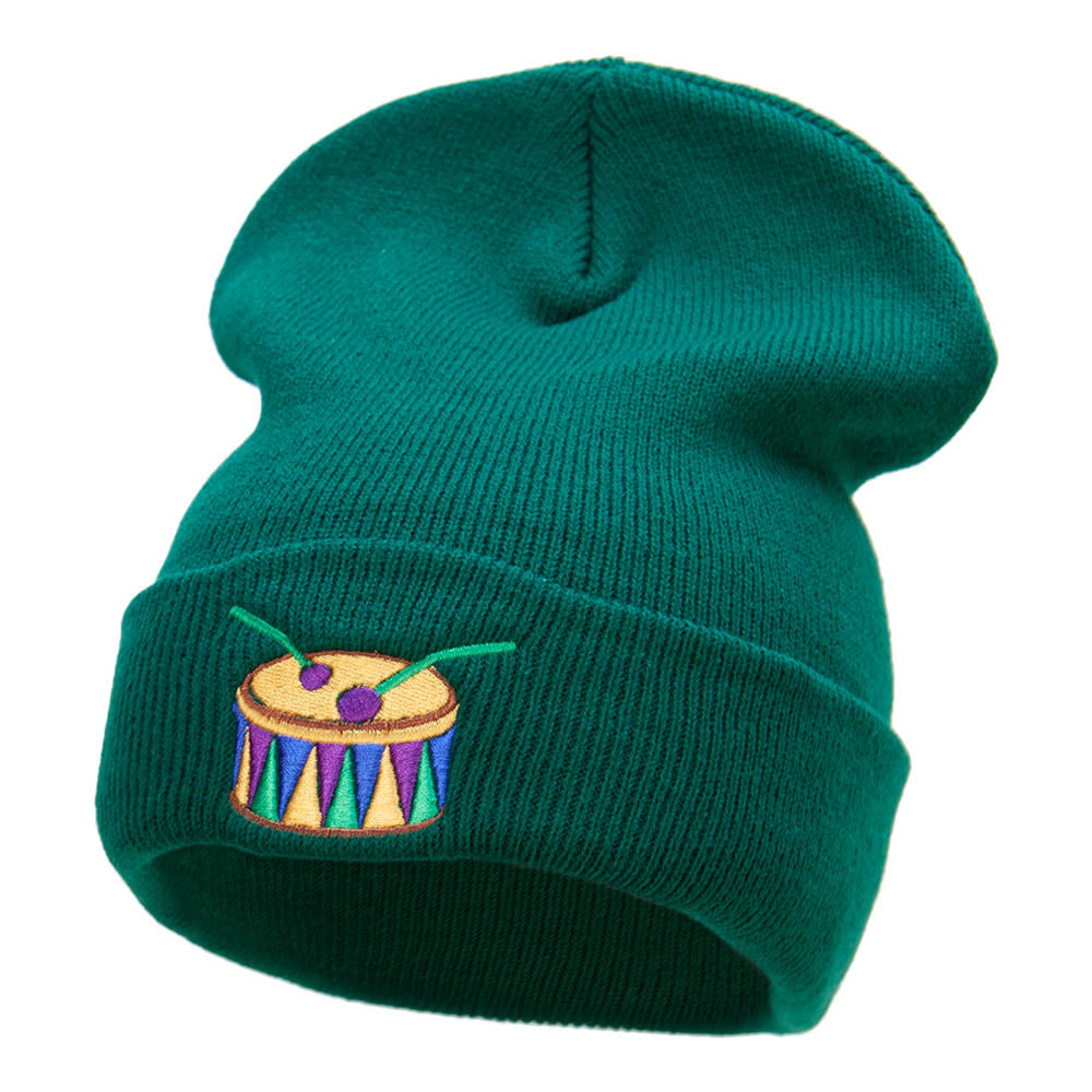 Mardi Gras Drum Embroidered Long Knitted Beanie - Dk Green OSFM
