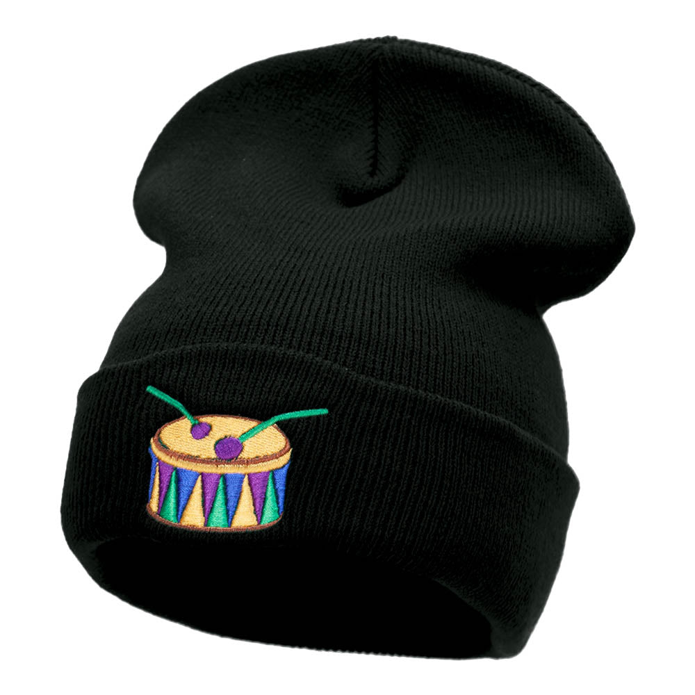 Mardi Gras Drum Embroidered Long Knitted Beanie - Black OSFM