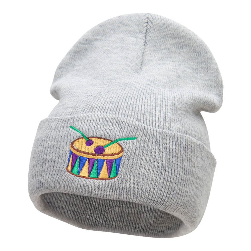 Mardi Gras Drum Embroidered Long Knitted Beanie - Heather Grey OSFM