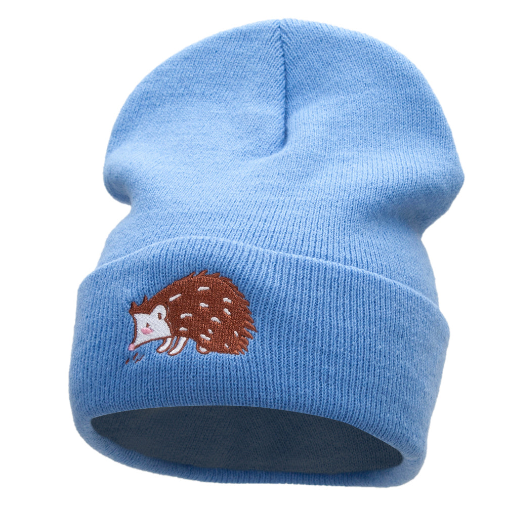 Hedgehog Embroidered 12 Inch Long Knitted Beanie - Sky Blue OSFM