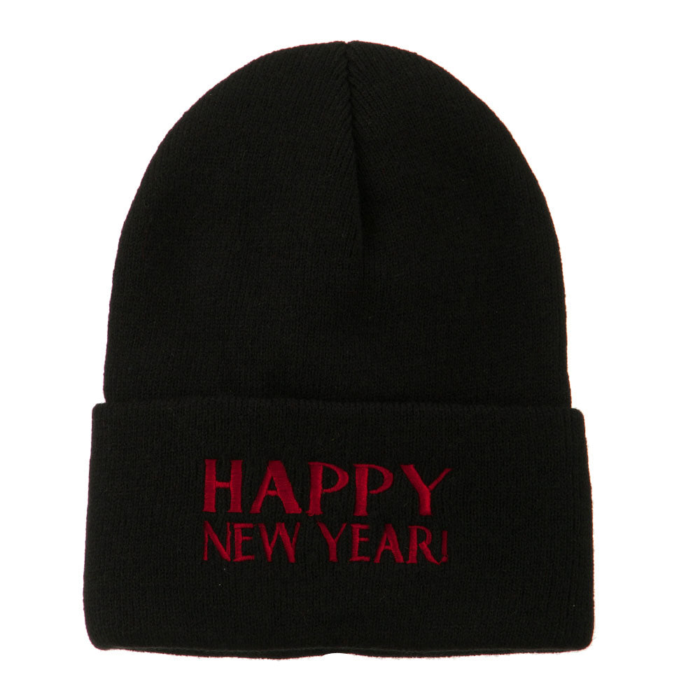 Happy New Year Embroidered Long Beanie - Black OSFM