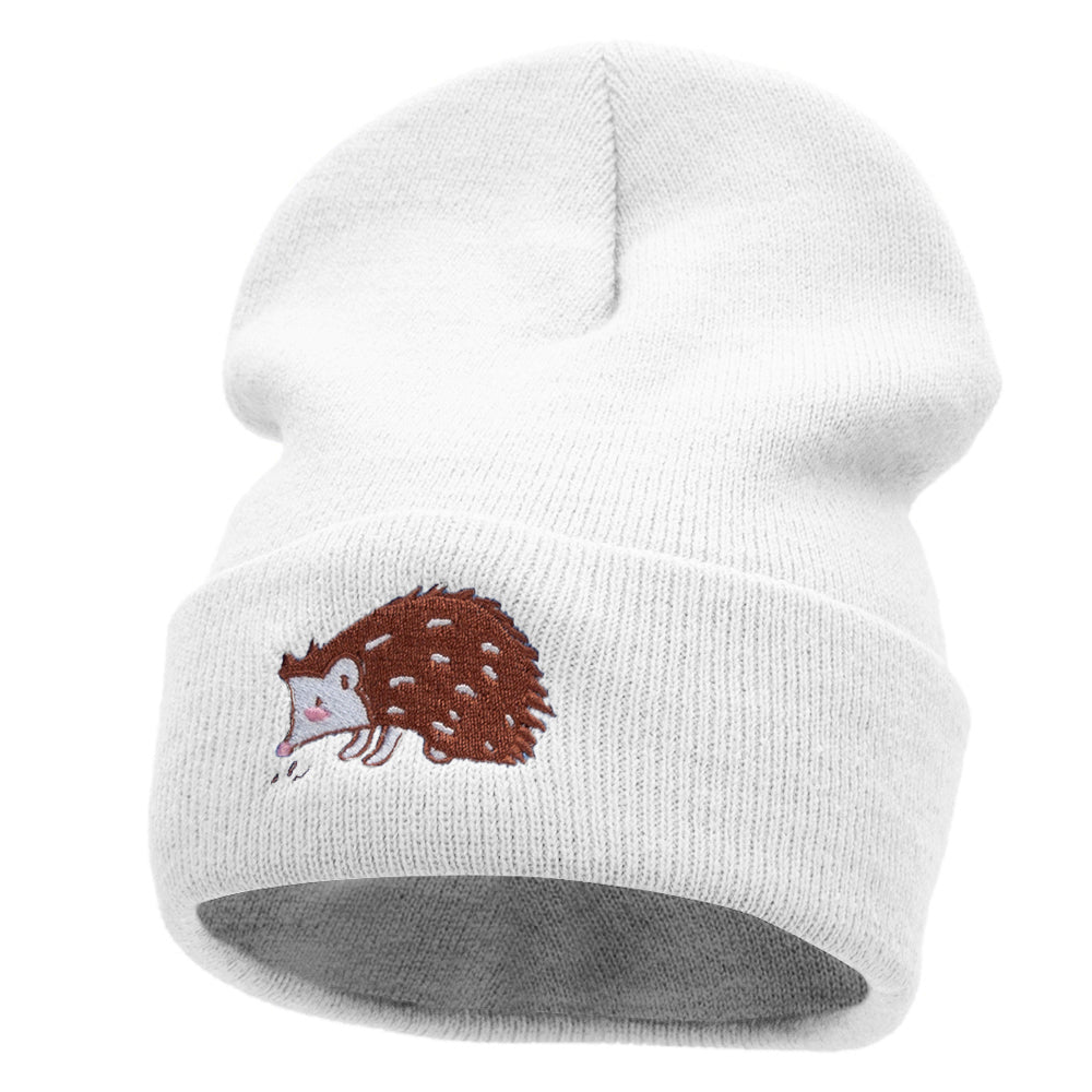 Hedgehog Embroidered 12 Inch Long Knitted Beanie - White OSFM