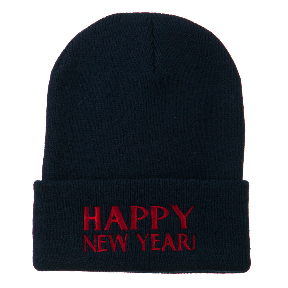 Happy New Year Embroidered Long Beanie - Navy OSFM