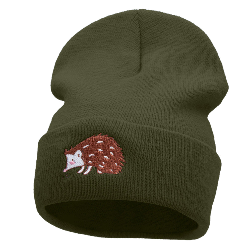 Hedgehog Embroidered 12 Inch Long Knitted Beanie - Olive OSFM