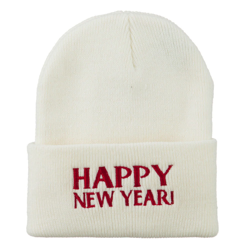 Happy New Year Embroidered Long Beanie - White OSFM