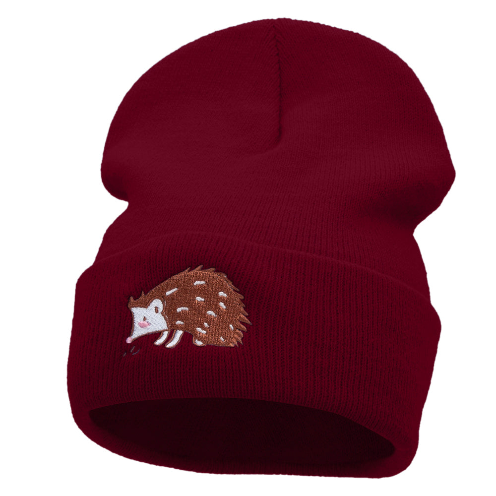 Hedgehog Embroidered 12 Inch Long Knitted Beanie - Maroon OSFM