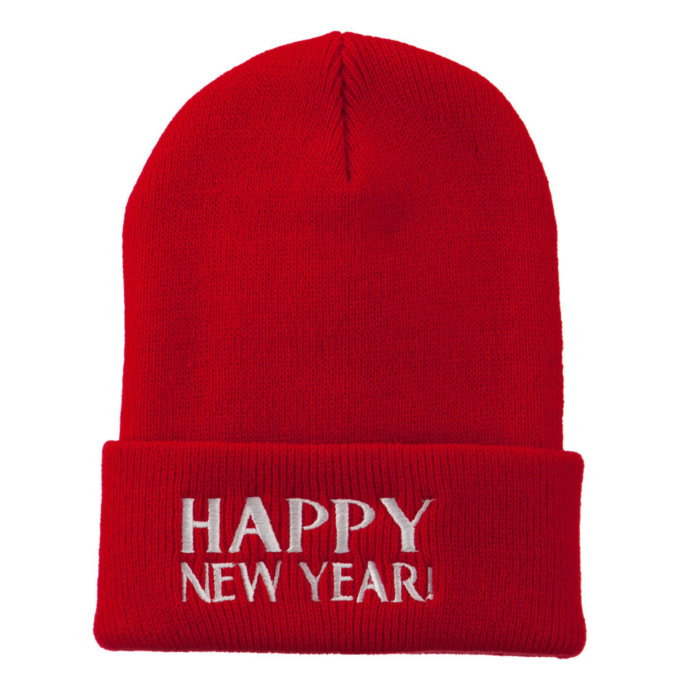 Happy New Year Embroidered Long Beanie - Red OSFM