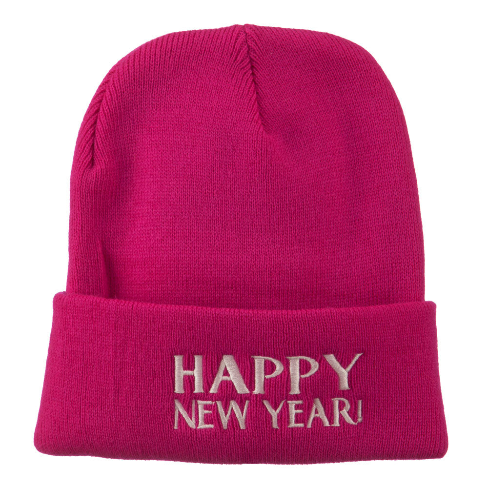 Happy New Year Embroidered Long Beanie - Hot Pink OSFM