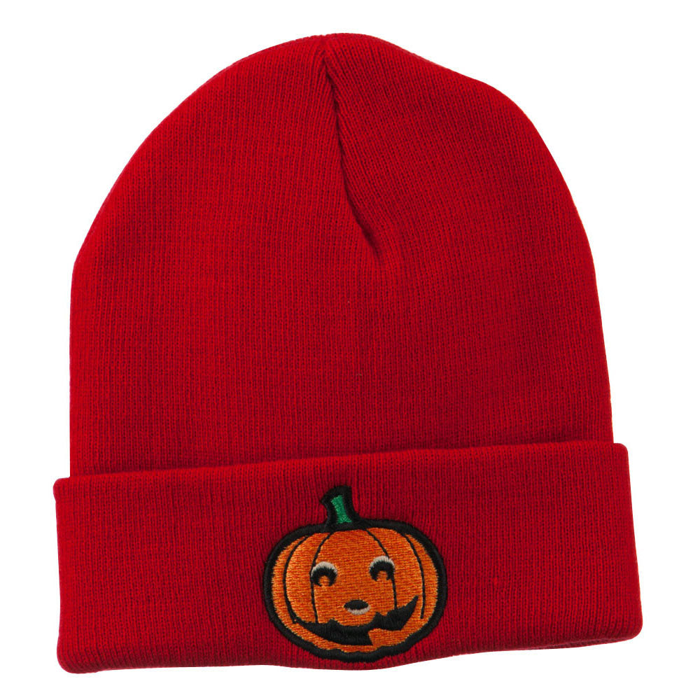 Halloween Smile Jack o Lantern Embroidered Long Beanie - Red OSFM