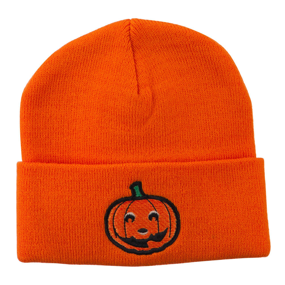 Halloween Smile Jack o Lantern Embroidered Long Beanie - Orange OSFM