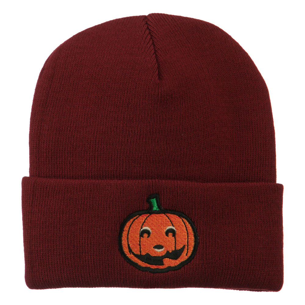 Halloween Smile Jack o Lantern Embroidered Long Beanie - Maroon OSFM