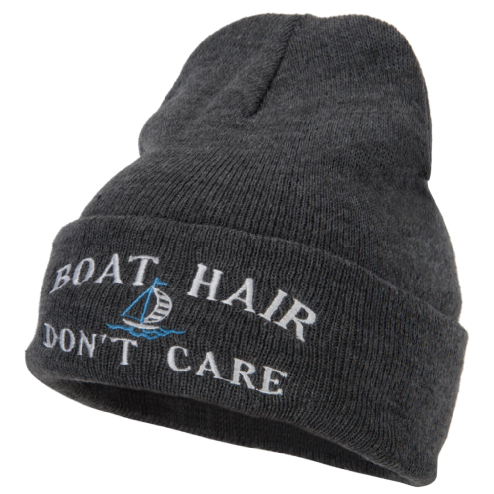 Boat Hair Don&#039;t Care Embroidered 12 Inch Long Knitted Beanie - Dk Grey OSFM