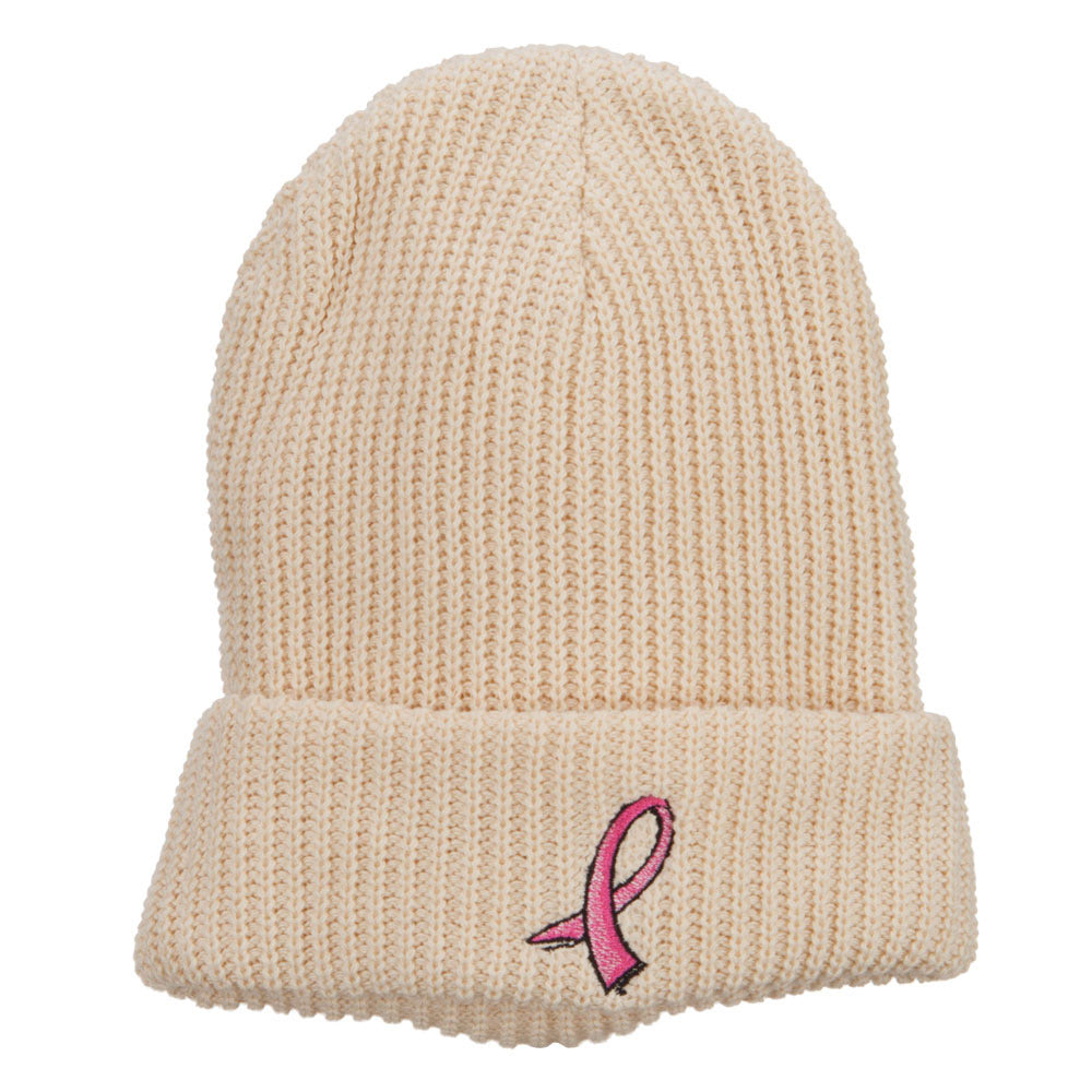 Breast Cancer Embroidered Big Size Waffle Beanie - Natural XL-3XL