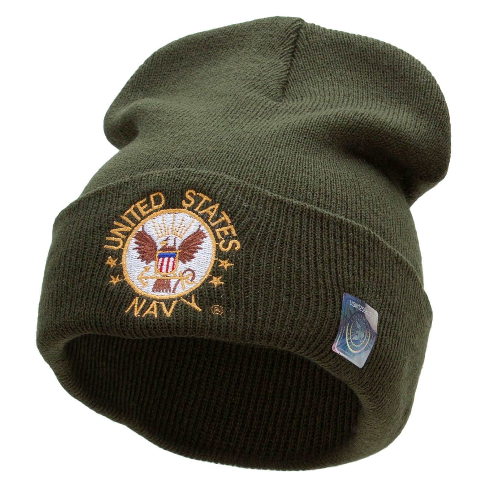 Licensed US Navy Circle Logo Embroidered 12 Inch Long Knitted Beanie Made in USA - Olive OSFM