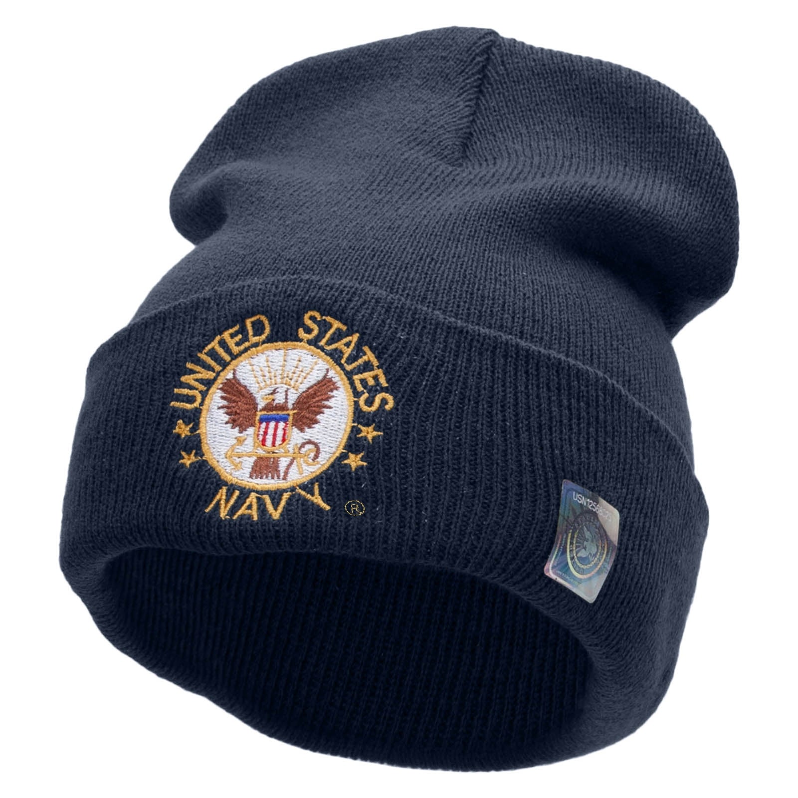 Licensed US Navy Circle Logo Embroidered 12 Inch Long Knitted Beanie Made in USA - Navy OSFM