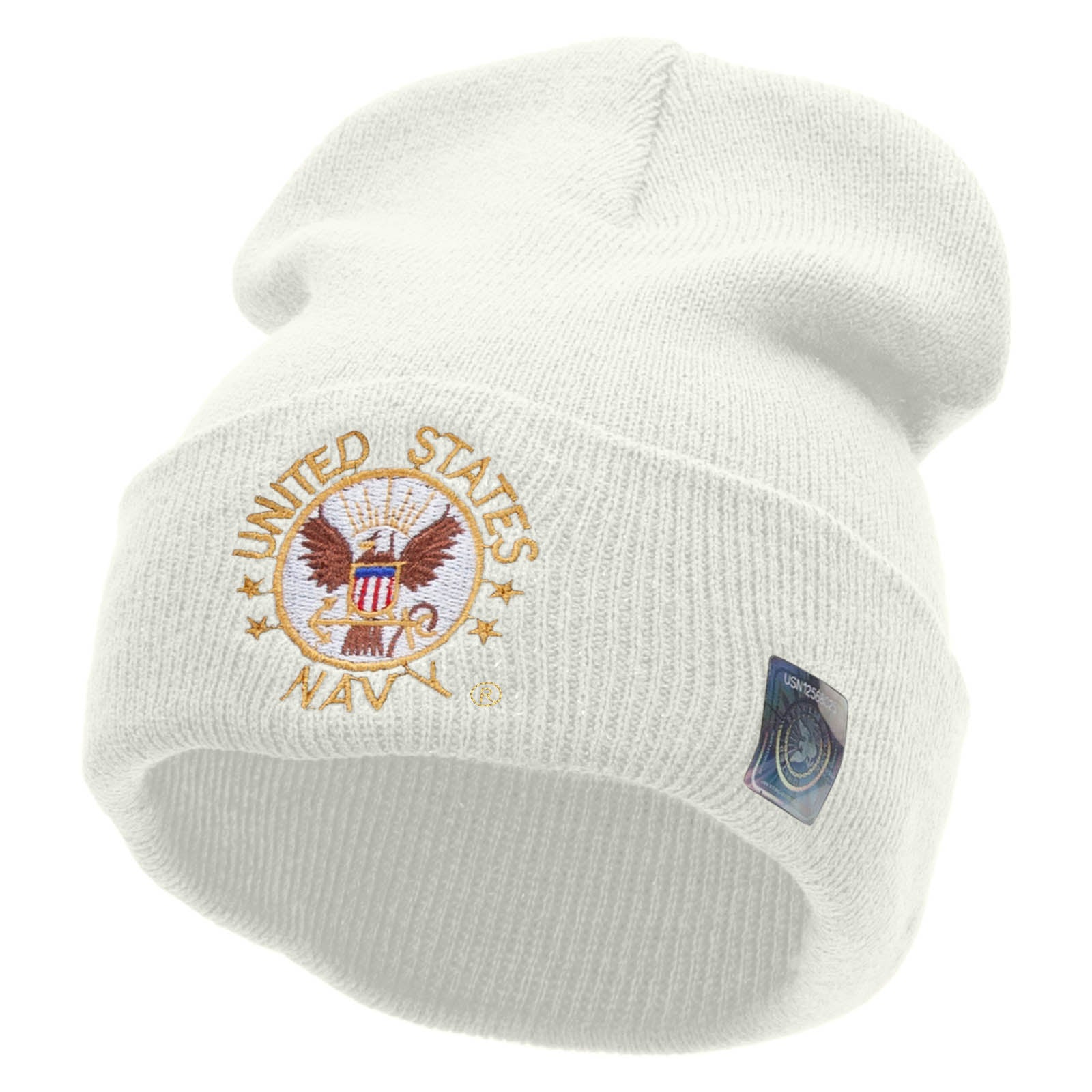 Licensed US Navy Circle Logo Embroidered 12 Inch Long Knitted Beanie Made in USA - White OSFM