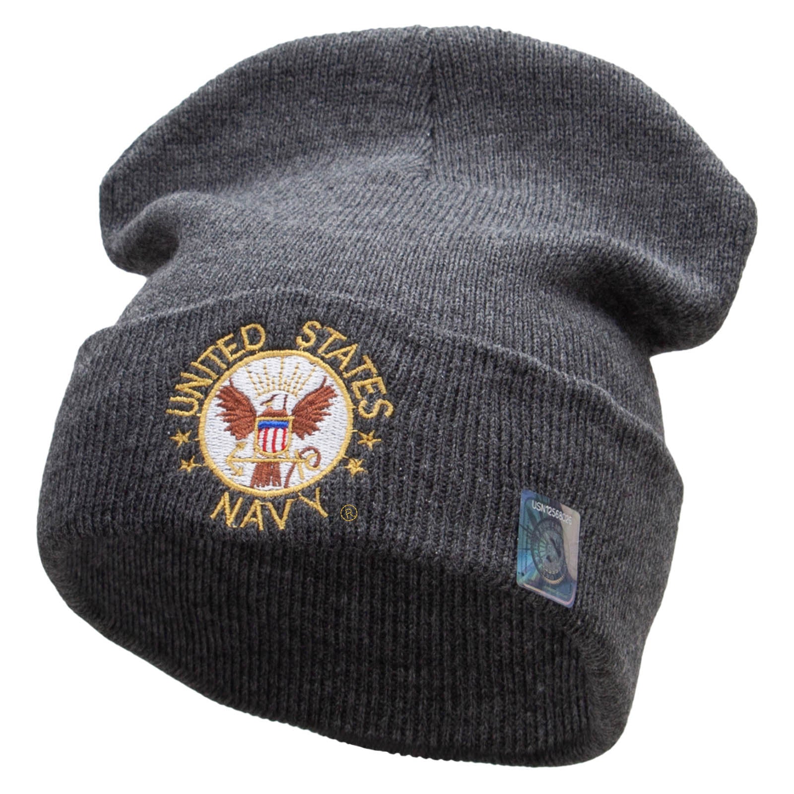 Licensed US Navy Circle Logo Embroidered 12 Inch Long Knitted Beanie Made in USA - Dk Grey OSFM