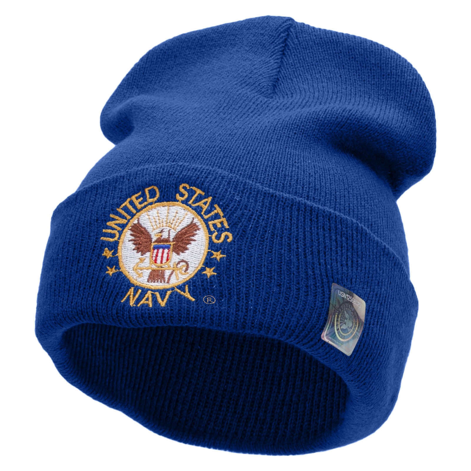 Licensed US Navy Circle Logo Embroidered 12 Inch Long Knitted Beanie Made in USA - Royal OSFM