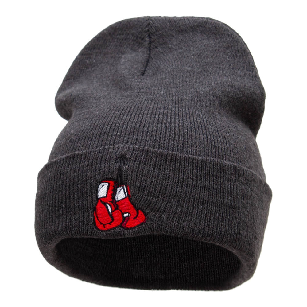 Hanging Boxing Gloves Embroidered Long Knitted Beanie - Dark Grey OSFM