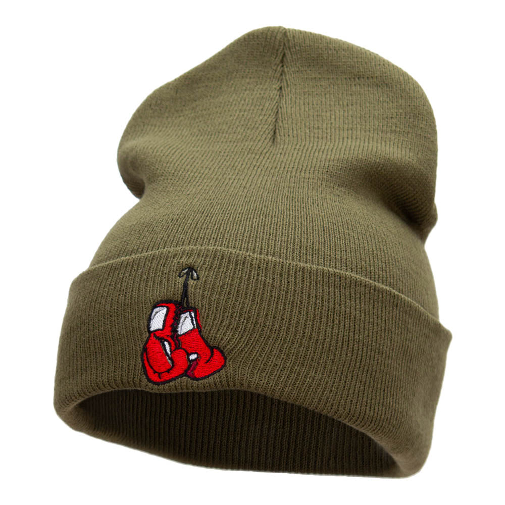 Hanging Boxing Gloves Embroidered Long Knitted Beanie - Olive OSFM