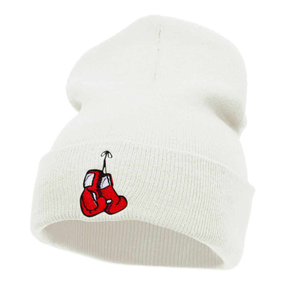 Hanging Boxing Gloves Embroidered Long Knitted Beanie - White OSFM