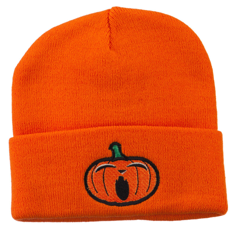 Halloween Yawning Jack o Lantern Embroidered Long Beanie - Orange OSFM