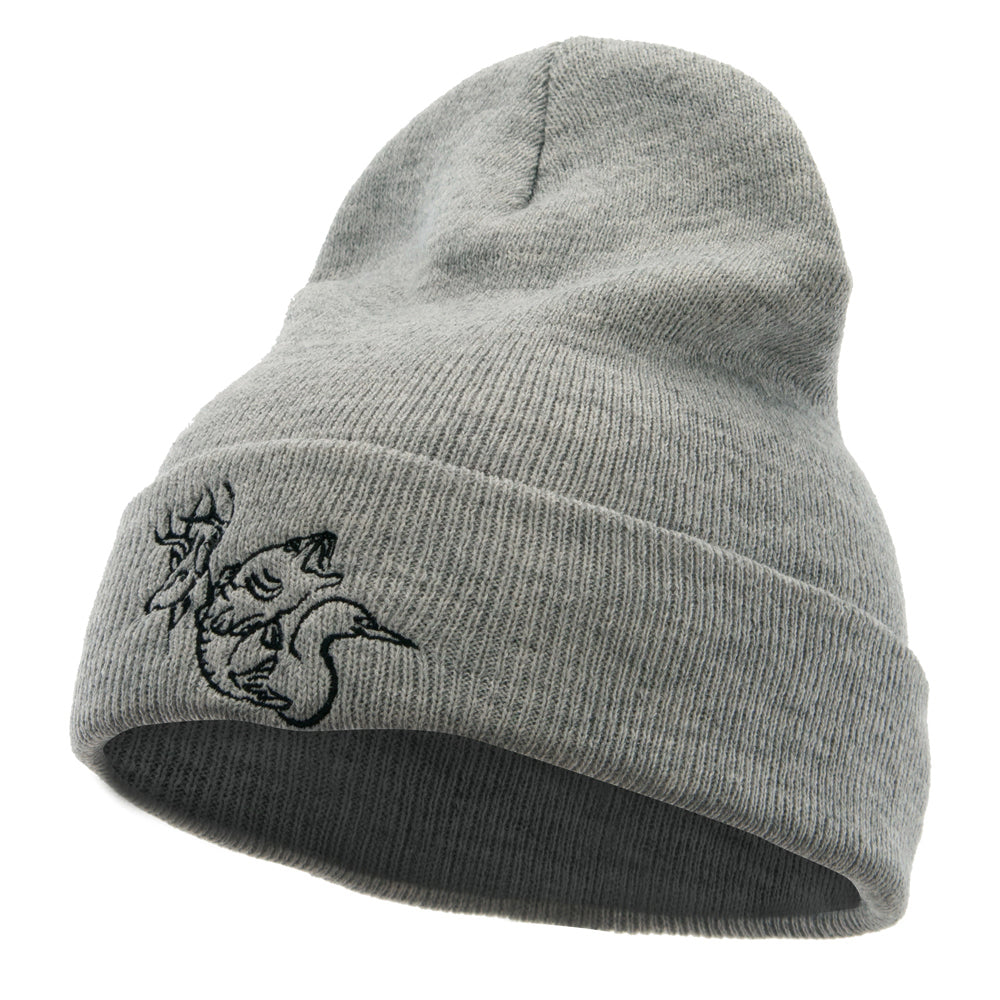 Hunting Party Embroidered 12 Inch Long Knitted Beanie - Heather Grey OSFM