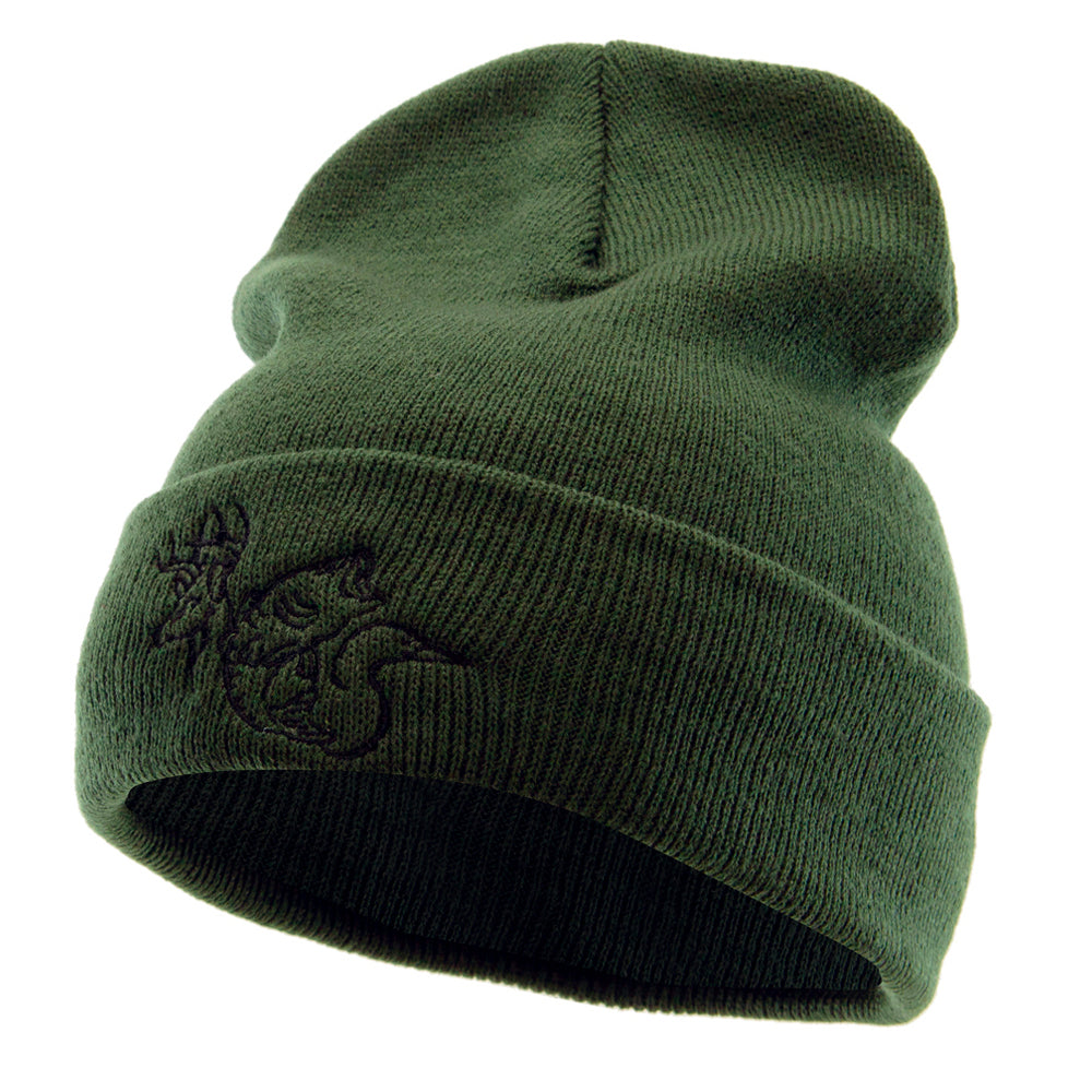 Hunting Party Embroidered 12 Inch Long Knitted Beanie - Olive OSFM