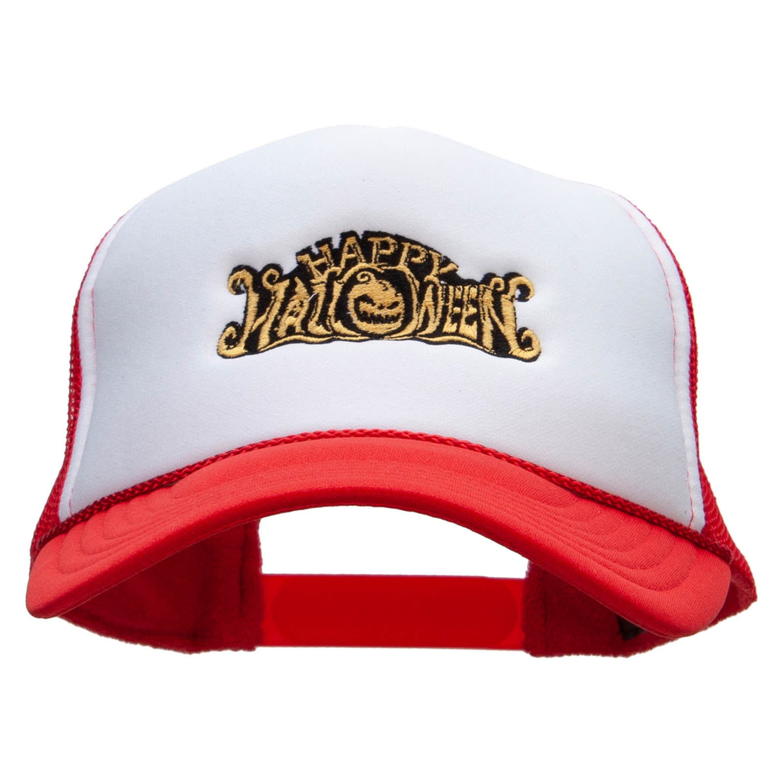 Happy Halloween Pumpkin Text Embroidered Foam Panel Mesh Snapback - White Red OSFM