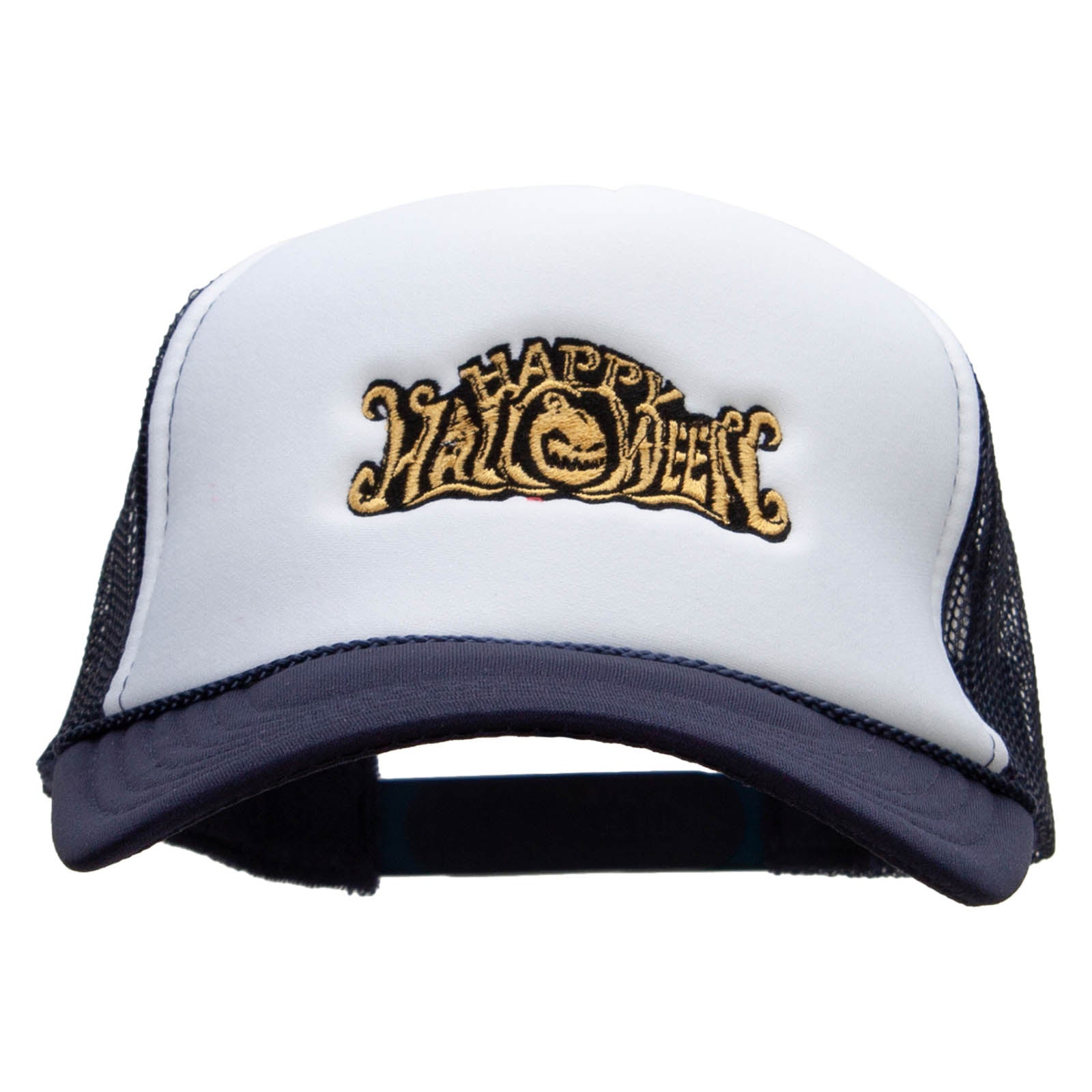 Happy Halloween Pumpkin Text Embroidered Foam Panel Mesh Snapback - Navy White OSFM