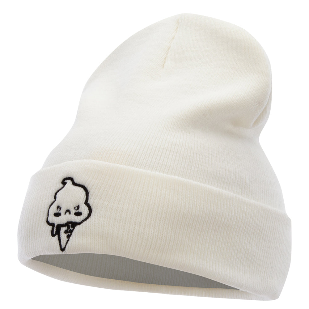 Angry Ice Cream Embroidered 12 Inch Long Kintted Beanie - White OSFM