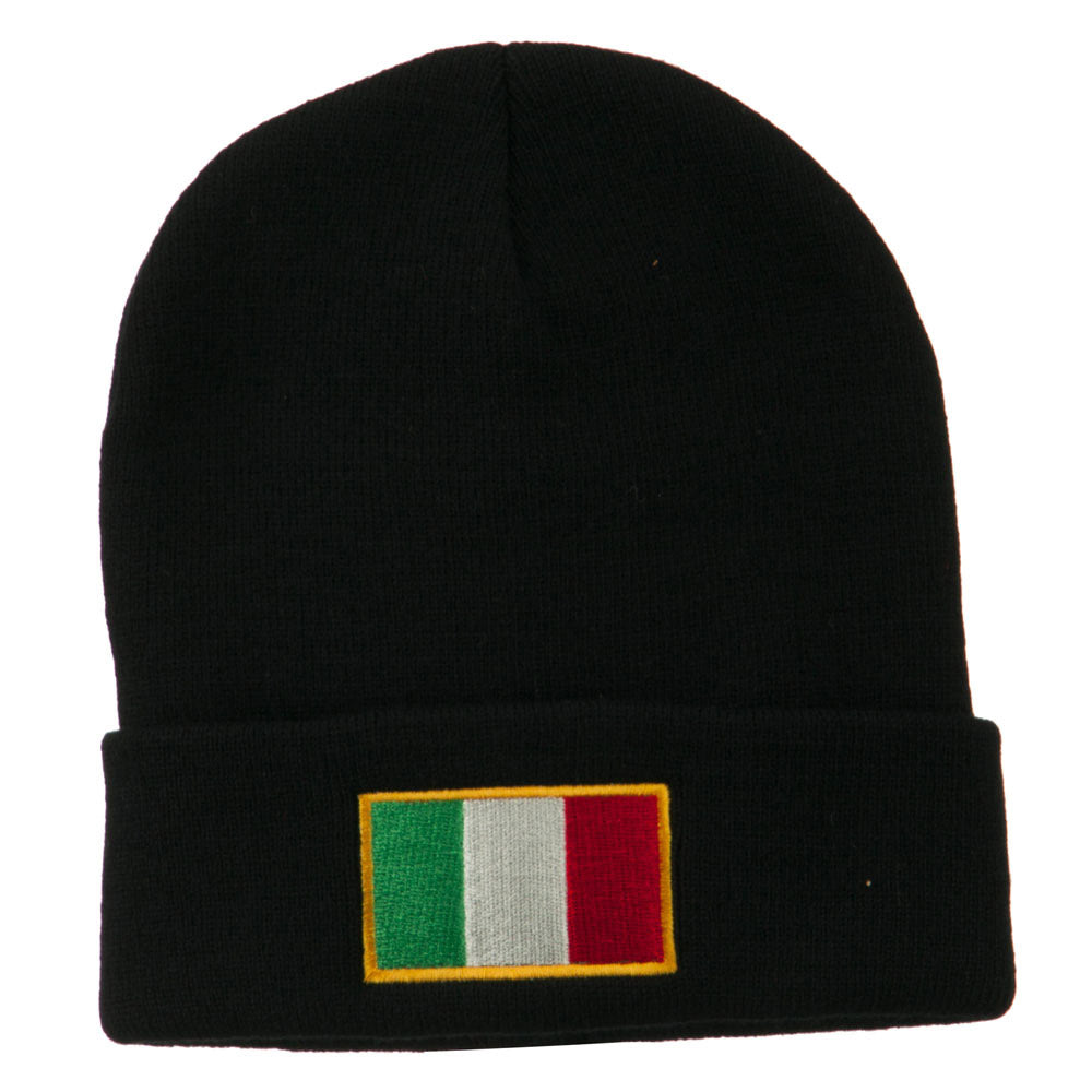Europe Italy Flag Embroidered Long Cuff Beanie - Black OSFM