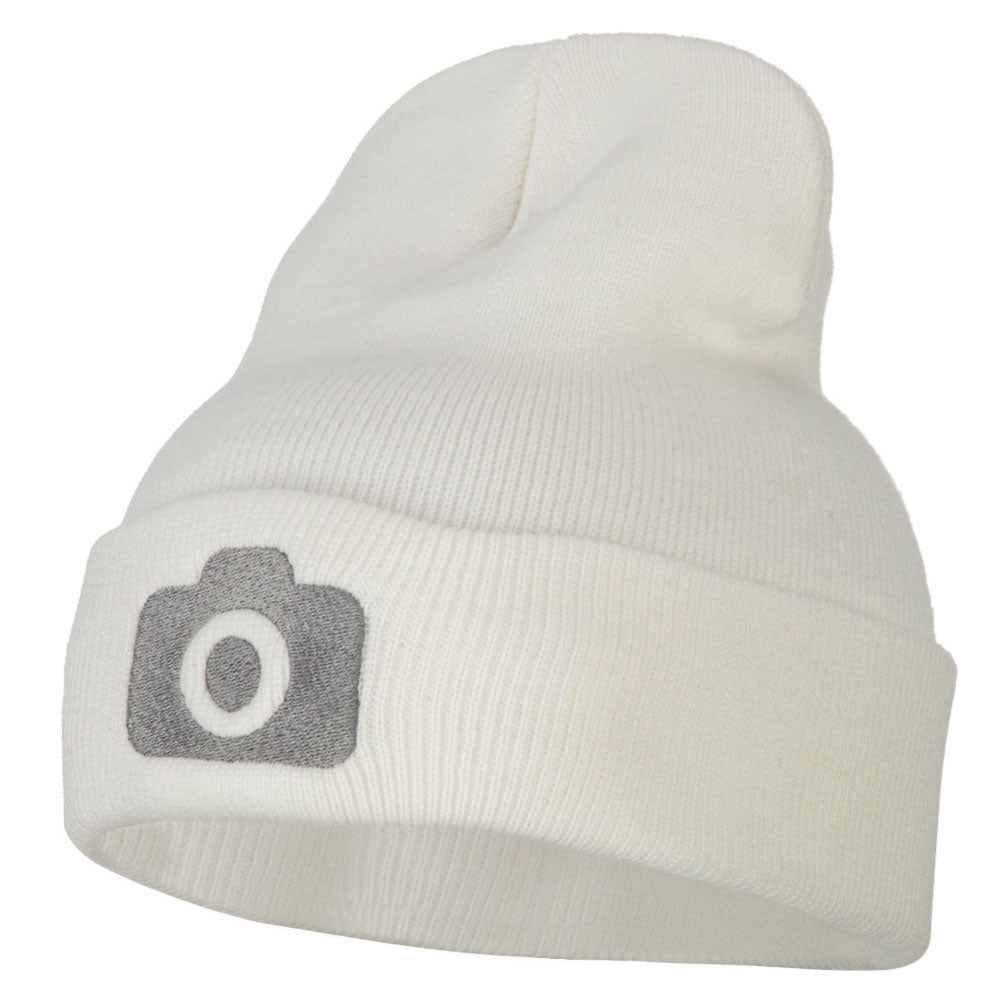 Camera Design Photographer Embroidered Knitted Long Beanie - White OSFM