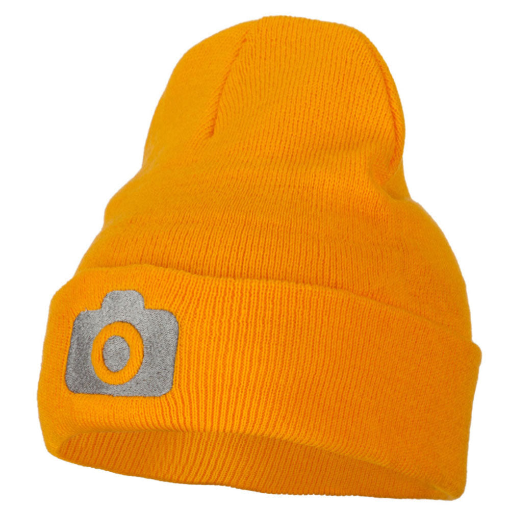 Camera Design Photographer Embroidered Knitted Long Beanie - Yellow OSFM