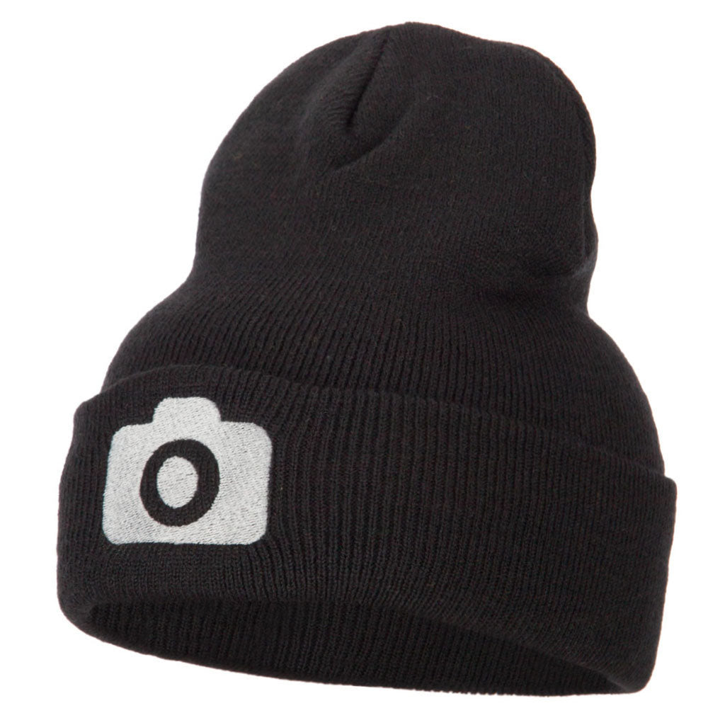 Camera Design Photographer Embroidered Knitted Long Beanie - Black OSFM