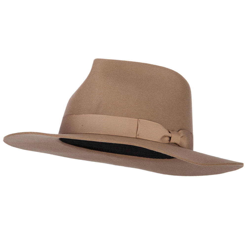 Women&#039;s Bow Ribbon Band Pinched Crown Stiff Brim Wool Fedora Hat - Mocha OSFM