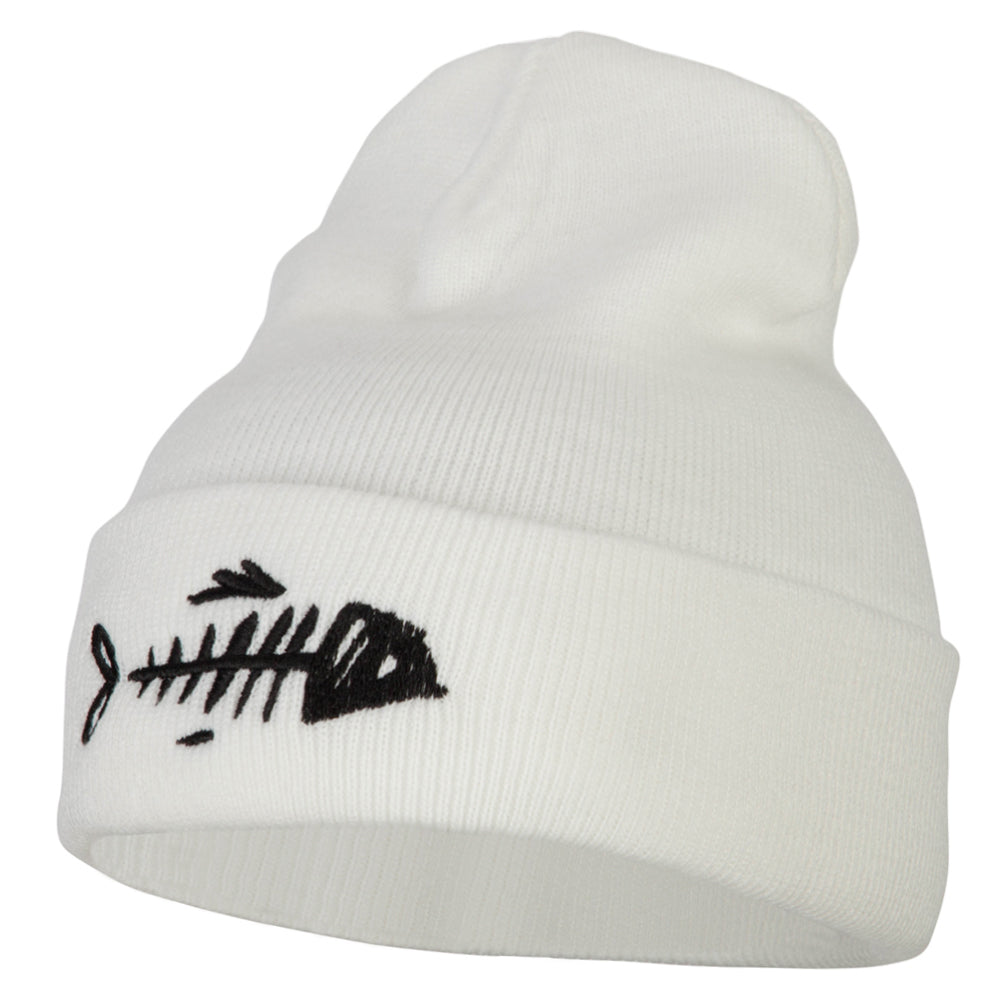 Fish Bone Embroidered Knitted Long Beanie - White OSFM